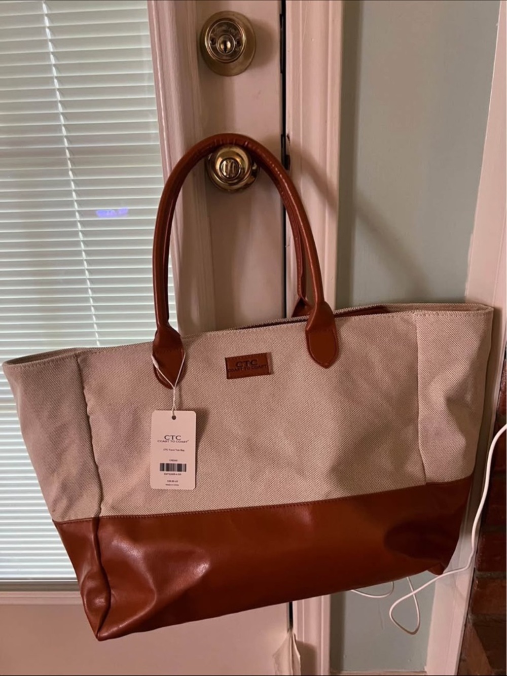 TC Cream Canvas Tote with Brown Leather Base & Handles